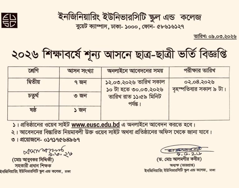 ইঞ্জিনিয়ারিং ইউনিভার্সিটি স্কুল এন্ড কলেজ ২০২৬ শিক্ষাবর্ষে শূন্য আসনে ভর্তি বিজ্ঞপ্তি